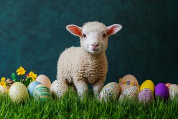 A lamb standing in a green field with colorful Easter decorations
