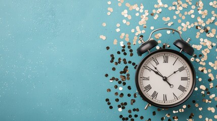 Celebrate new year&rsquo;s time with clock and confetti festive home decor event scene joyful atmosphere close-up view