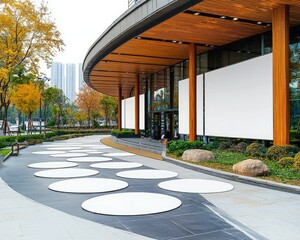 Obraz premium Modern building entrance with circular pavement, surrounded by greenery and wooden accents, showcasing a minimalist design.