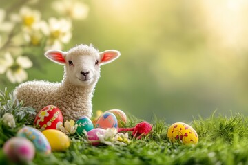 A lamb standing in a green field with colorful Easter decorations