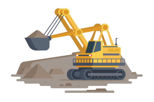Mining Vehicles and equipment illustration in flat design, Vector illustration featuring heavy-duty machinery