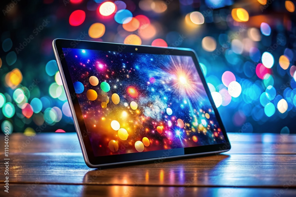 Poster stunning digital tablet featuring a holographic galaxy display with bokeh effect, capturing the futu