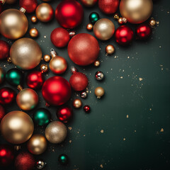 Flat-lay layout Christmas decorations with ornament and baubles. Festive winter background. Space for text.