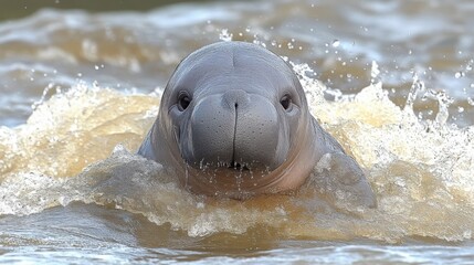 Fototapeta premium Amazonian manatee swimming in calm river surrounded by its natural habitat, suitable for wildlife conservation campaigns, nature-themed posters, and educational materials