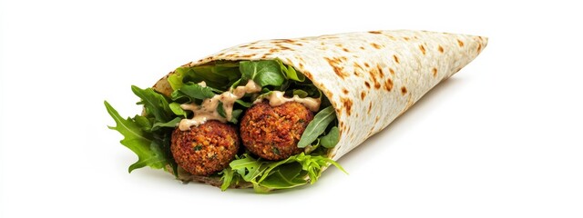 A Mediterranean falafel wrap with tahini sauce and mixed greens, isolated white background, minimalist art style