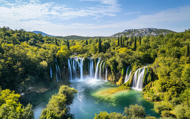 Obraz premium Scenic Waterfall Cascading into a Serene Pool, Surrounded by Lush Greenery and Vibrant Natural Landscapes, Highlighting the Tranquility of Nature