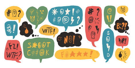 Speech bubbles with swear words. Curse colorful crayon drawing doodle text. Bad emotion expression on chat dialog boxes. Aggressive hate signs isolated on white background. Vector illustration