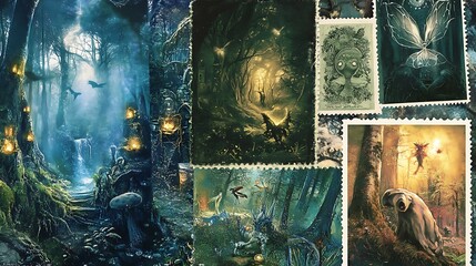 Enchanting forest collage featuring fantasy art, mythical creatures, and whimsical pathways.