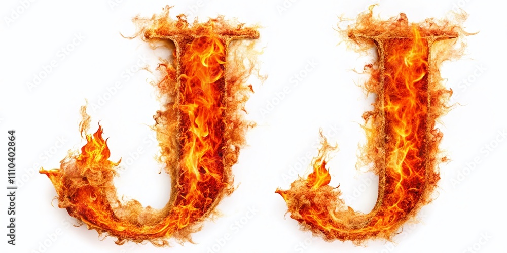 Poster stunning fire-illuminated letter j with bokeh effect on white background for creative design and typ