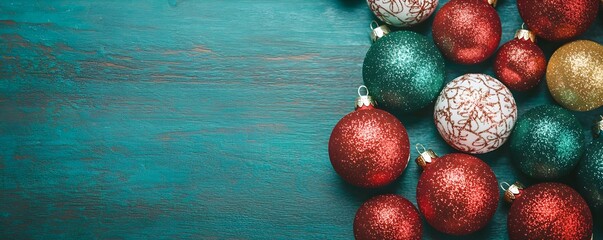Colorful Christmas Ornaments on Wooden Background