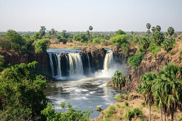 Fototapeta premium Scenic Waterfall Cascading into a Serene Pool, Surrounded by Lush Greenery and Vibrant Natural Landscapes, Highlighting the Tranquility of Nature
