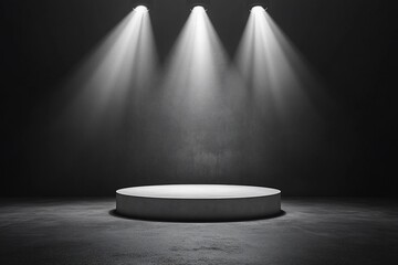 Illuminated circular platform in dark room.