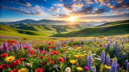 Stunning High Depth of Field Landscape Featuring Rolling Green Hills, Vibrant Wildflowers, and a Clear Blue Sky Under Bright Sunshine for Tranquil Nature Lovers and Outdoor Enthusiasts
