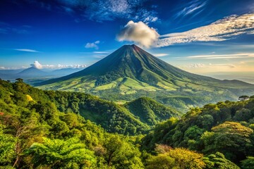 Fototapeta premium Stunning High Depth of Field Landscape of Cerro Verde in El Salvador Showcasing Lush Greenery, Majestic Volcano, and Clear Blue Sky in a Serene Natural Setting
