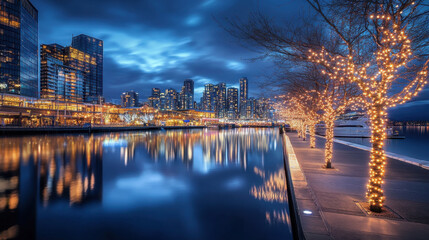 Fototapeta premium Cityscapes and reflections on the water at dusk during the Christmas and New Year festivals.