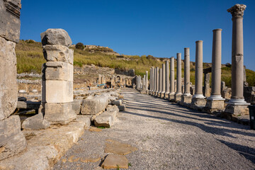 Rows of columns in Perge, Antalya, Turkey. Remains of colonnaded street in Pamphylian ancient...