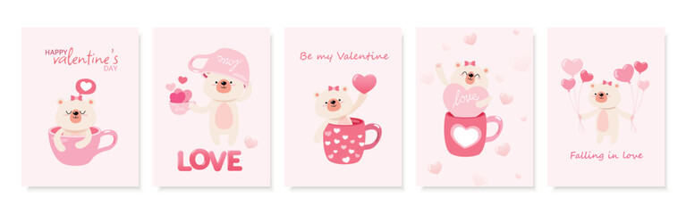 A set of five adorable Valentine's Day cards featuring a cute bear with hearts, balloons, and love-themed elements. Perfect for expressing love and affection.