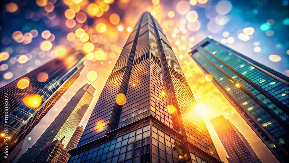 Poster stunning low angle view of skyscraper with bokeh effect showcasing urban elegance and architectural 