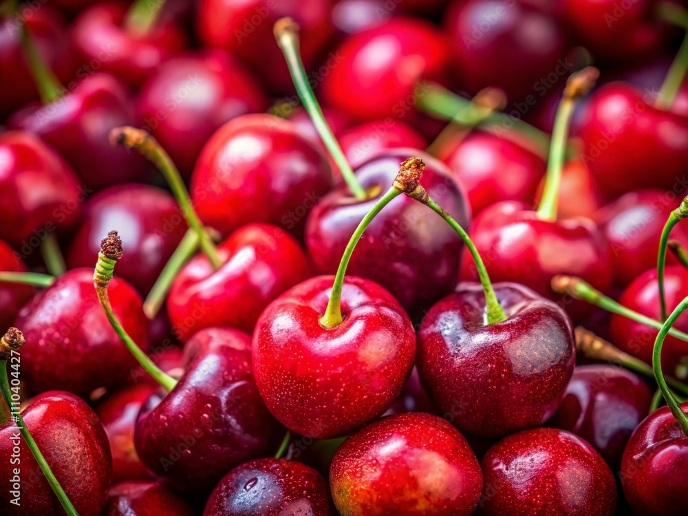 Poster stunning macro texture of fresh red cherries on a vibrant background with ample copy space for text 