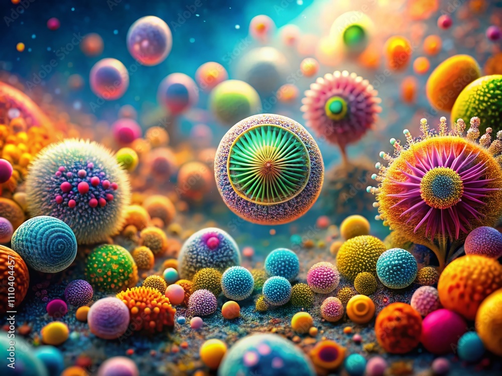 Poster stunning microscopic view of unicellular organisms with bokeh effect, showcasing their intricate str