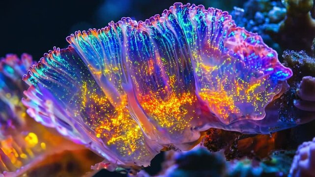 Bioluminescent mushroom coral showing vibrant colors in the deep ocean