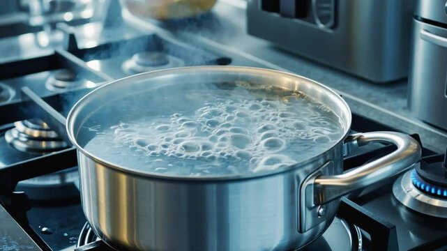 Saucepan with boiling water bubbling on gas stove in kitchen