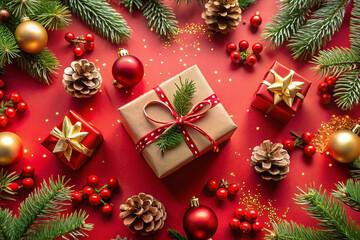 Festive Christmas gifts and decorations on red background.