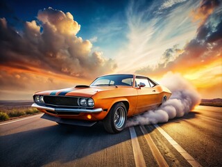 Fototapeta premium Stunning Orange Classic Muscle Car Burning Rubber and Creating Smoke on Asphalt, Capturing the Thrill of Speed and Power in a Dynamic Automotive Scene