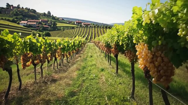 Ripe grapes growing in picturesque vineyard landscape
