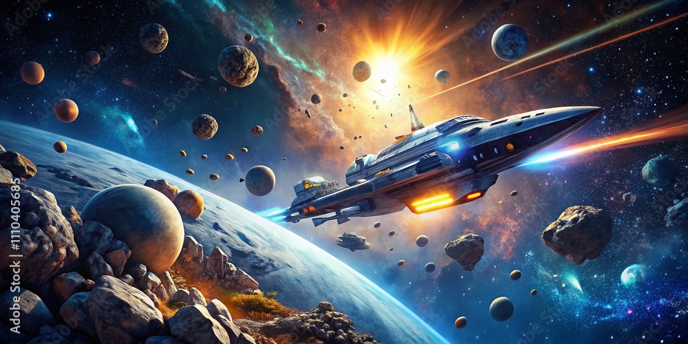 Poster stunning portrait of a futuristic spaceship skillfully navigating through a dense asteroid field in 