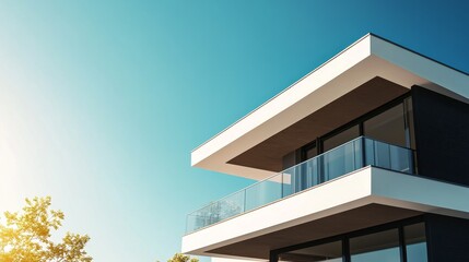 Modern architectural design featuring a sleek balcony and clear blue sky.