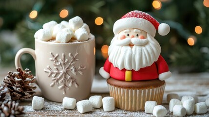 A charming cupcake featuring Santa Claus and a mug of hot cocoa with marshmallows, creating a cozy holiday scene
