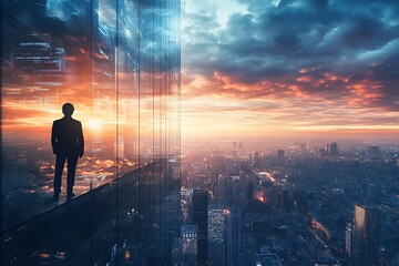 Businessman on skyscraper rooftop at sunset. Concept of success, leadership, and urban view.