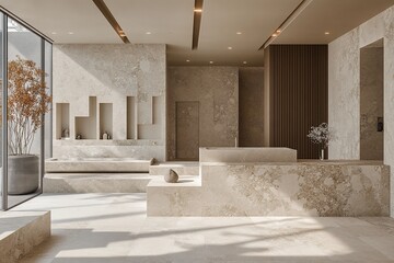 Minimalist beige marble lobby interior with sunlight.