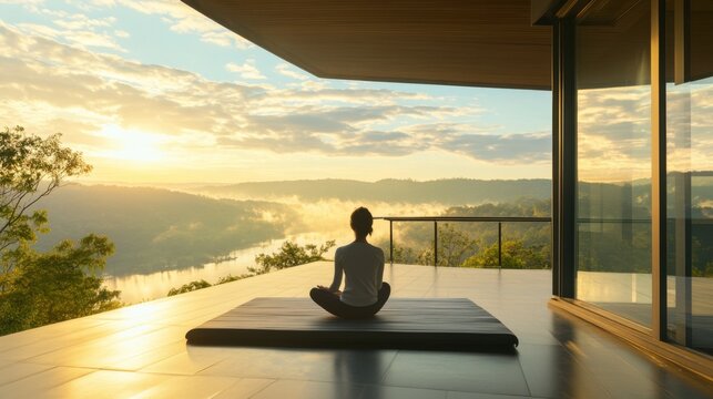 Tranquil morning yoga session overlooking a river during sunrise amidst serene nature