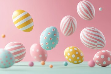Fototapeta premium Colorful easter eggs floating on pink and turquoise background