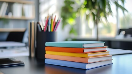 A close-up of a desk in a modern office, featuring a stack of colorful books alongside sleek work essentials