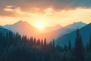 Obraz premium Golden sunset illuminating majestic mountain peaks and pine forest