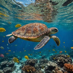 Fototapeta premium A sea turtle gliding effortlessly through a sea filled with colorful fish and coral.