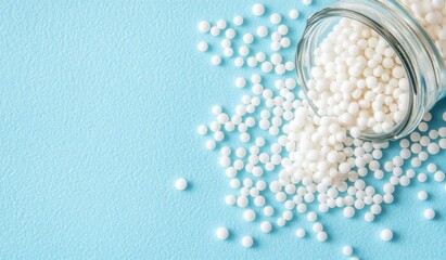 white pills spilling out of a bottle on blue background