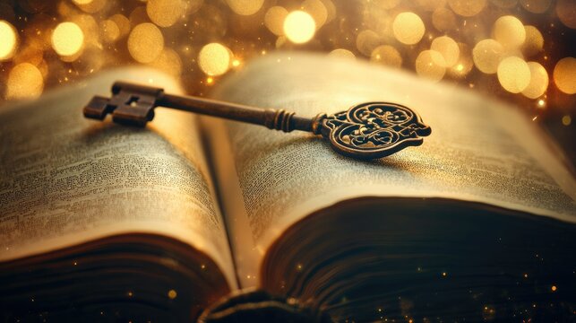 A close-up of an open book with an intricate old key, set against soft golden light and blurred bokeh effects