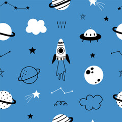 Seamless pattern with cute planets, stars, ufo, constellations, rockets, space, saturn on blue background. Creative kids texture for fabric, prints, wallpaper, decorations, textiles.