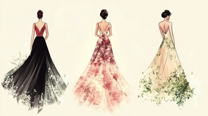 Obraz premium A collection of illustrated gowns showcasing timeless elegance with flowing lines and seasonal versatility