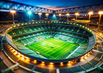Stunning Tilt-Shift Photography of a Large Football Stadium Under Bright Lights with Lush Green Grass Perfect for Sports Enthusiasts and Event Promotions