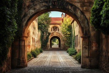 Fototapeta premium Stone archway leading to inner courtyard of ancient castle ruins