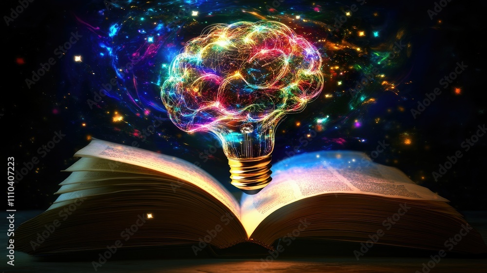 Poster a colorful light bulb in the shape of a brain, glowing above an open book in a scene that symbolizes