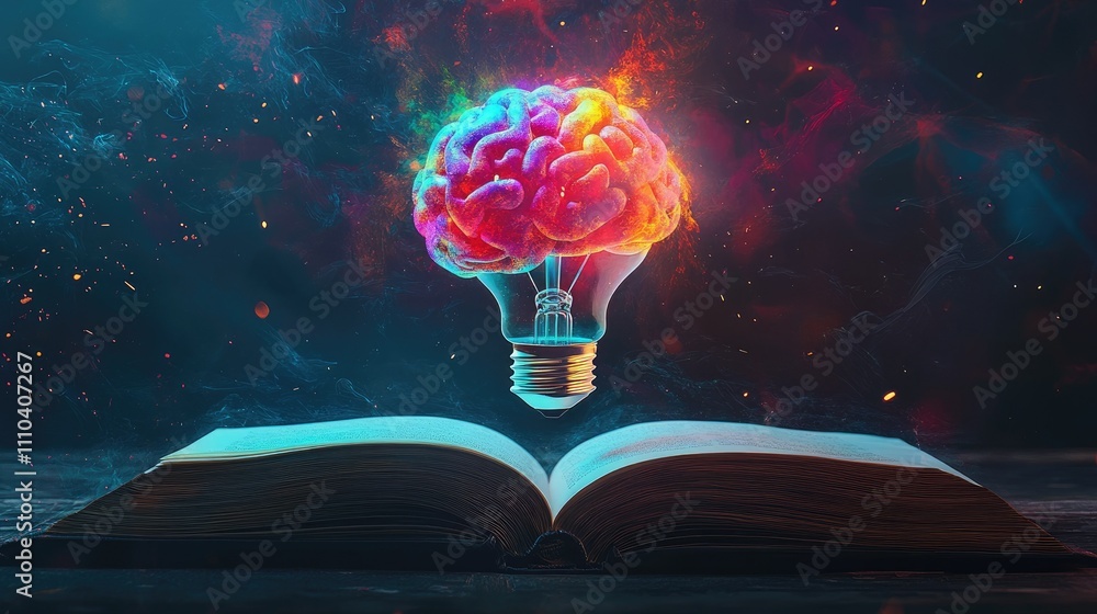 Aufkleber a colorful light bulb in the shape of a brain, glowing above an open book in a scene that symbolizes