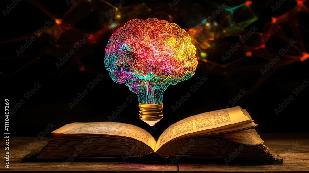 Poster a colorful light bulb in the shape of a brain, glowing above an open book in a scene that symbolizes