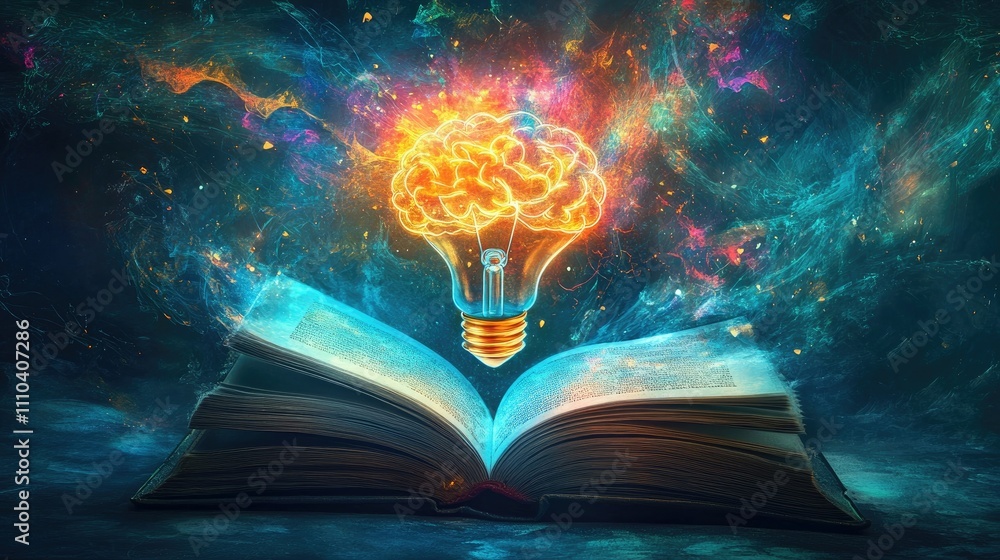 Aufkleber a colorful light bulb in the shape of a brain, glowing above an open book in a scene that symbolizes
