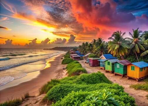 Stunning Urban Exploration Photography of Calangute Beach in North Goa, Capturing Vibrant Sunset Views, Colorful Beach Shacks, Lush Surroundings, and Serene Ocean Waves